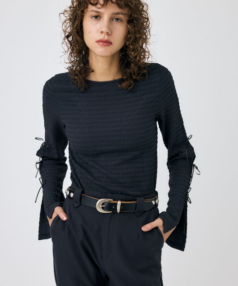MOUSSY「SLEEVE RIBBON トップス」|Tシャツ・カットソー|L/BLK1