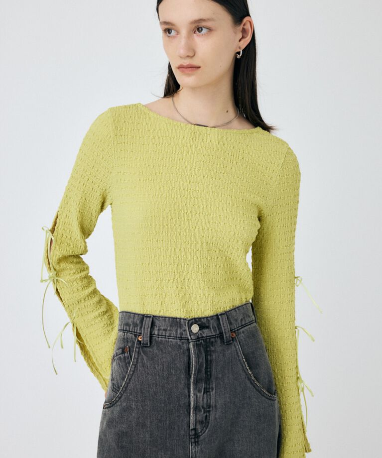 MOUSSY「SLEEVE RIBBON トップス」|Tシャツ・カットソー|L/YEL1