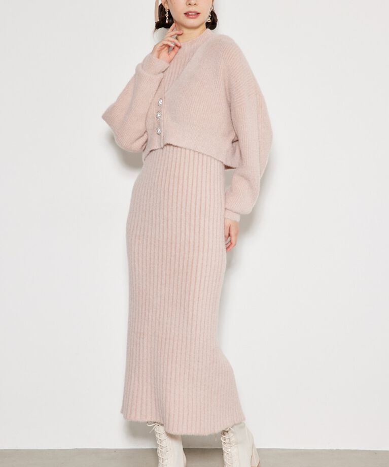 rienda「ビジュー釦カーデSET Knit OP」|ワンピース|