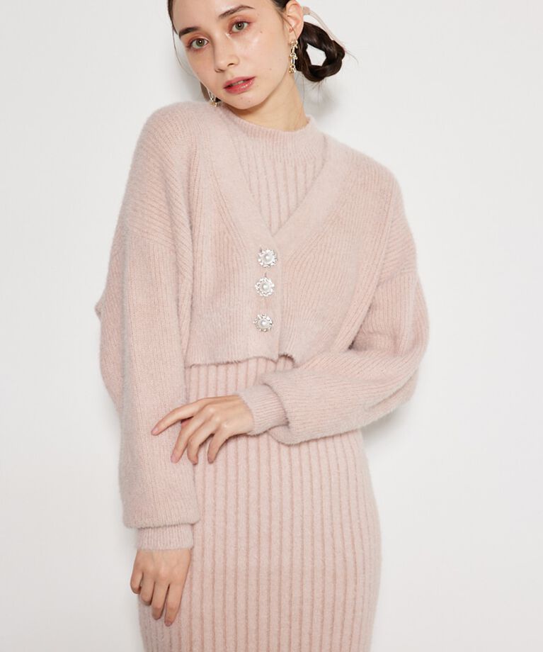 rienda「ビジュー釦カーデSET Knit OP」|ワンピース|