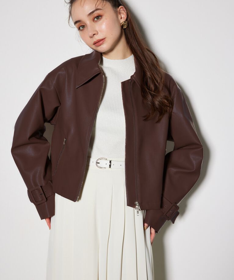 rienda「フェイクレザーショートZIPジャケット」|その他|D/BRN3