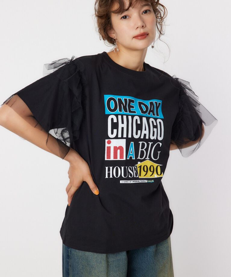 RODEO CROWNS「ONE DAY 袖チュールトップス」|Tシャツ・カットソー|BLK