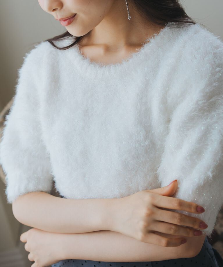 WILLSELECTION「シャギーラメ5分袖プルオーバー」|ニット・セーター|