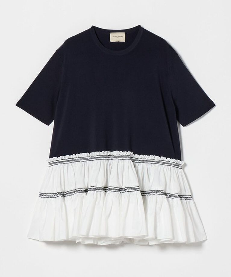 UNITED ARROWS「エンブロ ティアードコンビ ショートスリーブ ニット」|ニット・セーター|NAVY
