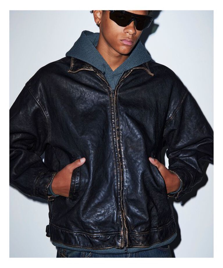 BEAMS「ユーズド加工 レザージップブルゾン」|ブルゾン・スタジャン|BLACK