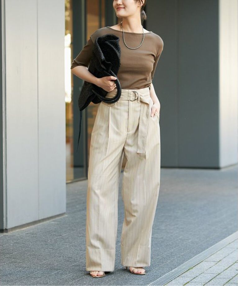 IENA LA BOUCLE「IENA LA BOUCLE ストライプベルテッドタックパンツ」|スラックス|