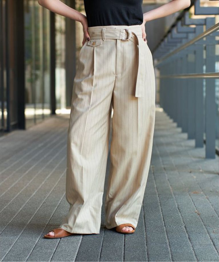 IENA LA BOUCLE「IENA LA BOUCLE ストライプベルテッドタックパンツ」|スラックス|