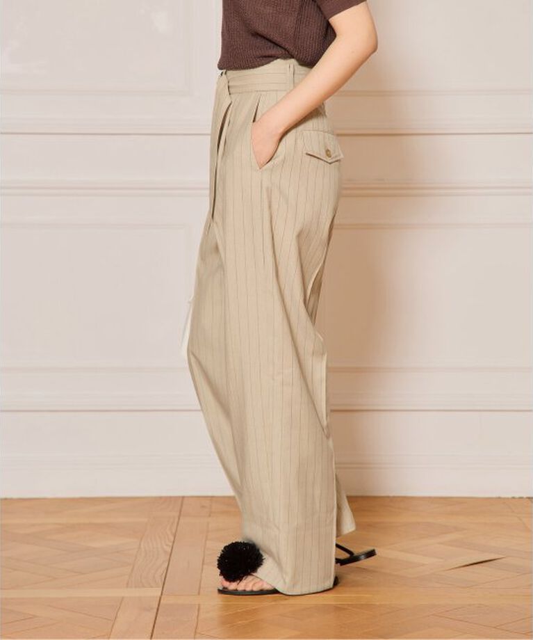 IENA LA BOUCLE「IENA LA BOUCLE ストライプベルテッドタックパンツ」|スラックス|
