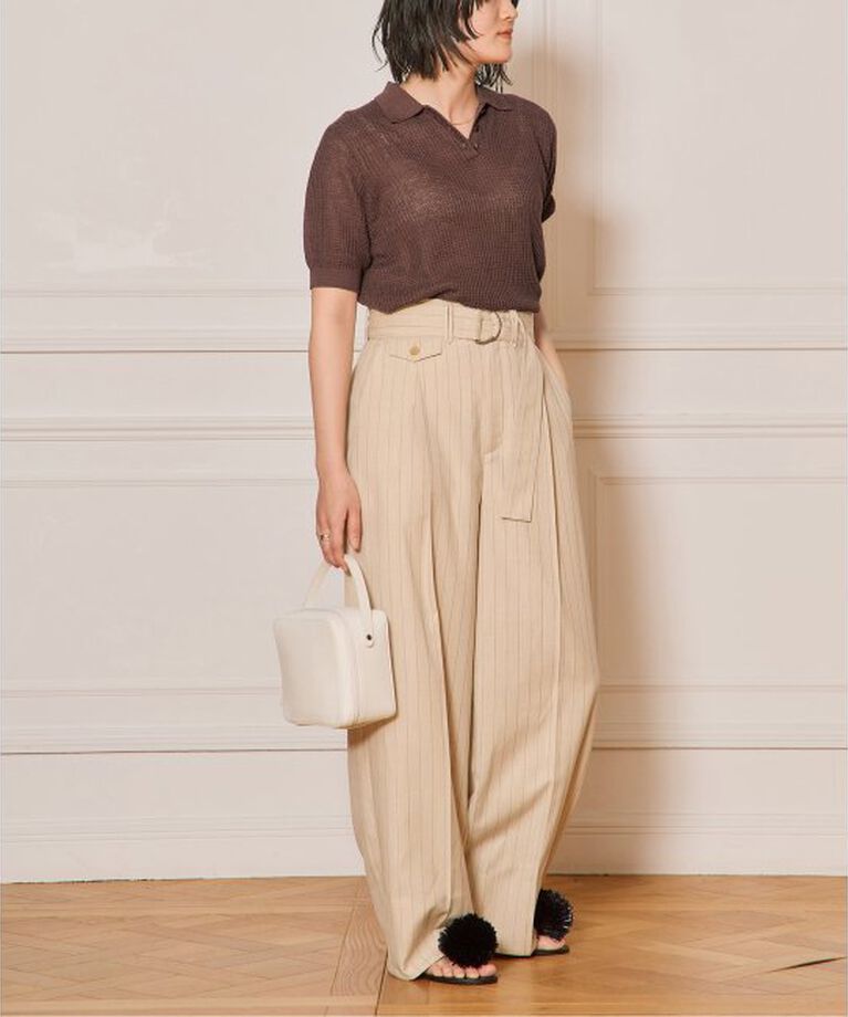 IENA LA BOUCLE「IENA LA BOUCLE ストライプベルテッドタックパンツ」|スラックス|
