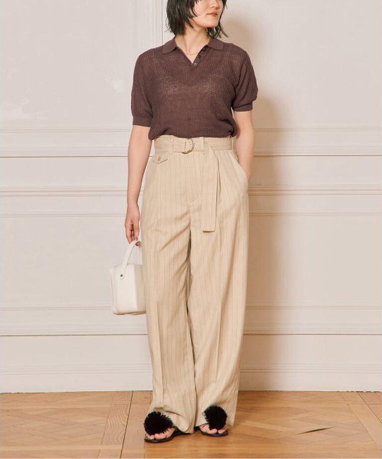 IENA LA BOUCLE「IENA LA BOUCLE ストライプベルテッドタックパンツ」|スラックス|
