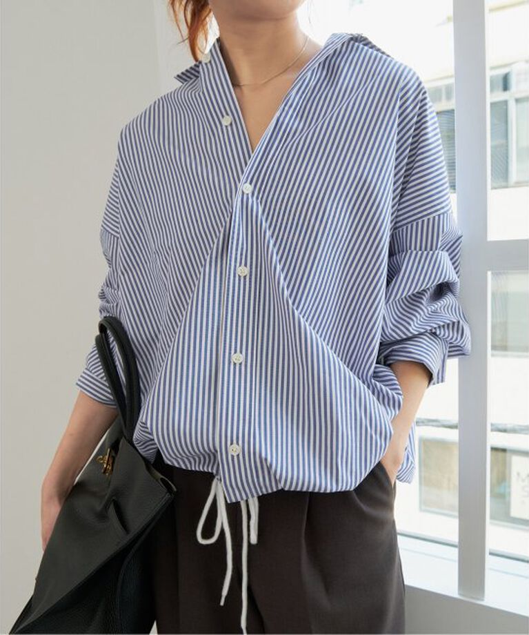 Spick and Span「《追加》CO/PEストライプヘムギャザーシャツ」|シャツ・ブラウス|ブルーベース