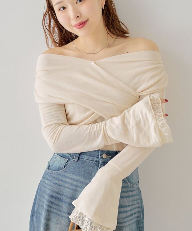 「袖フリルクロスワンショルトップス」|Tシャツ・カットソー|アイボリー