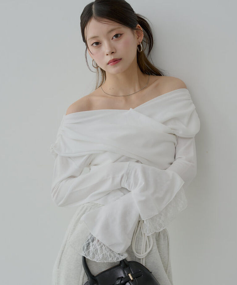  「袖フリルクロスワンショルトップス」|Tシャツ・カットソー|