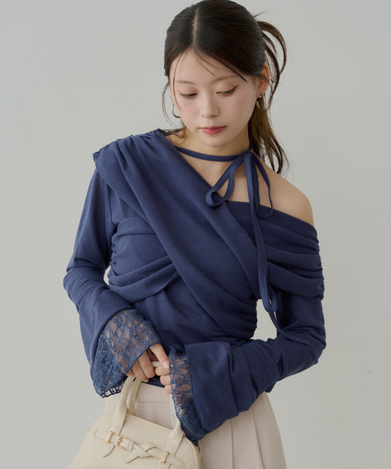  「袖フリルクロスワンショルトップス」|Tシャツ・カットソー|