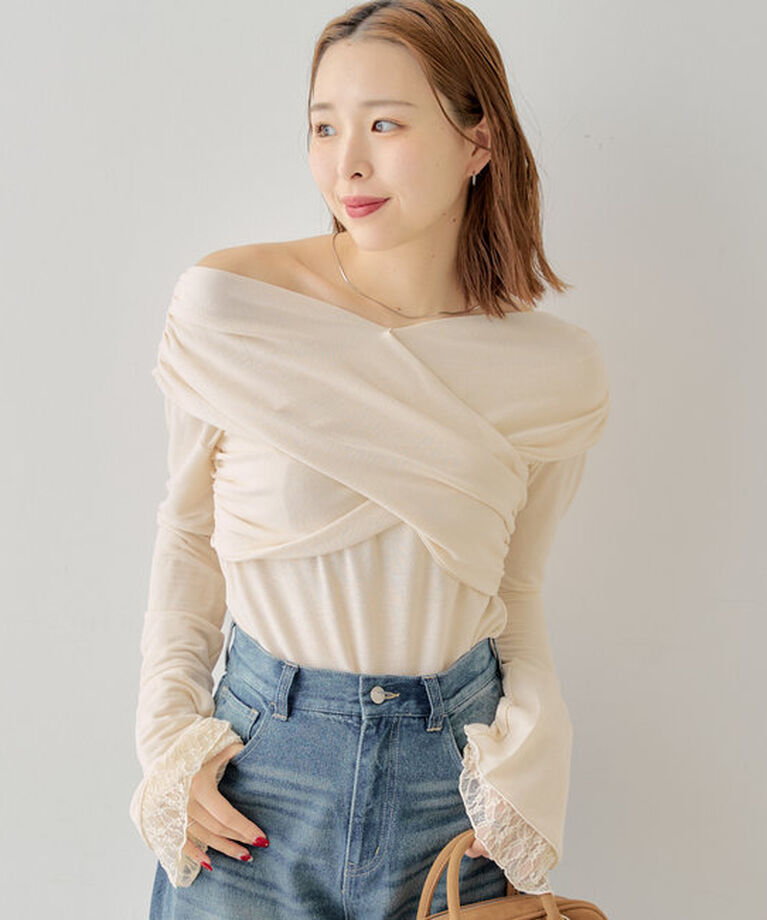  「袖フリルクロスワンショルトップス」|Tシャツ・カットソー|