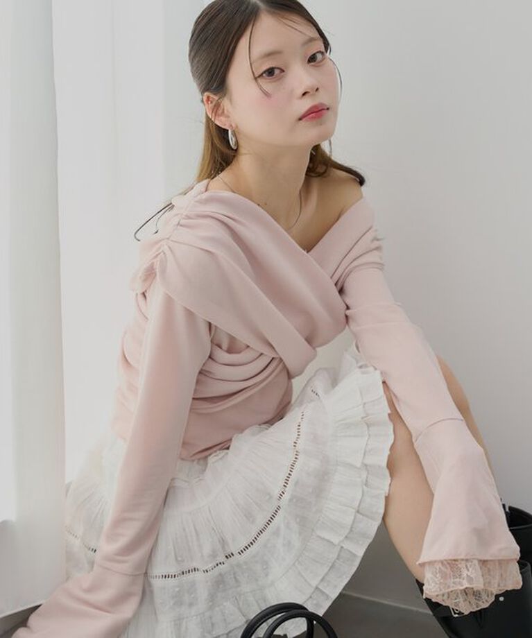  「袖フリルクロスワンショルトップス」|Tシャツ・カットソー|ピンクベージュ