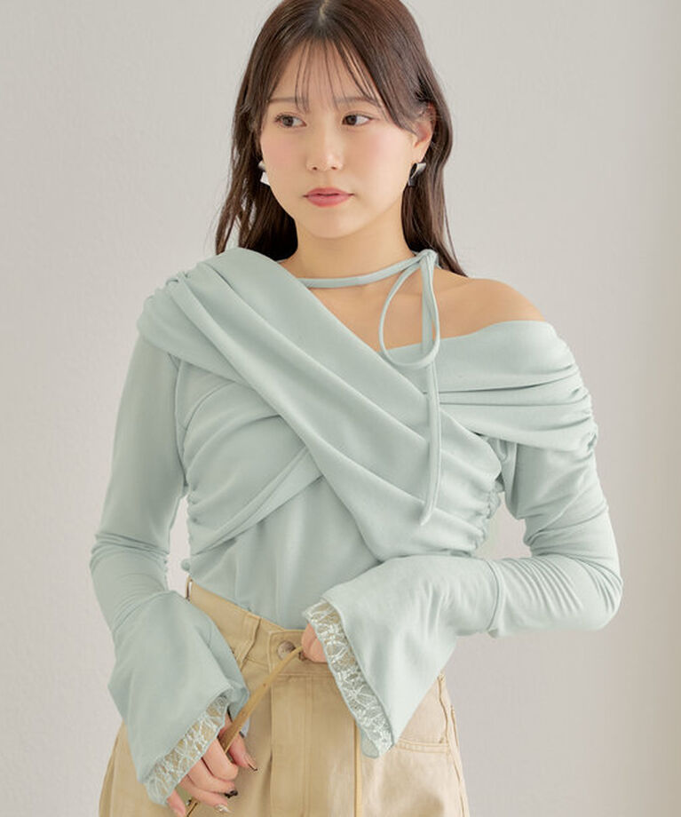  「袖フリルクロスワンショルトップス」|Tシャツ・カットソー|ブルー