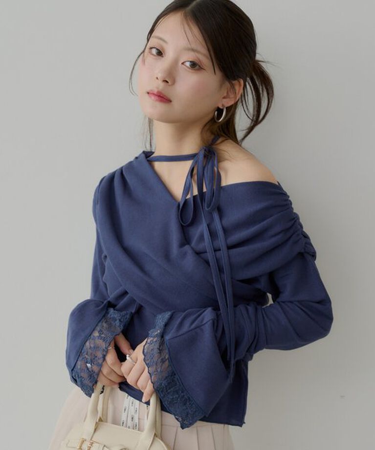  「袖フリルクロスワンショルトップス」|Tシャツ・カットソー|ネイビー