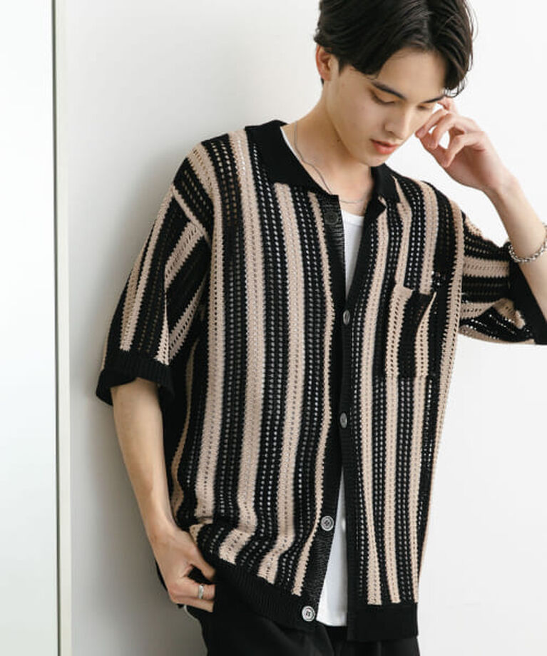 SENSE OF PLACE by URBAN RESEARCH「SENSE OF PLACE ストライプショートスリーブニットシャツ」|ニット・セーター|BLACK