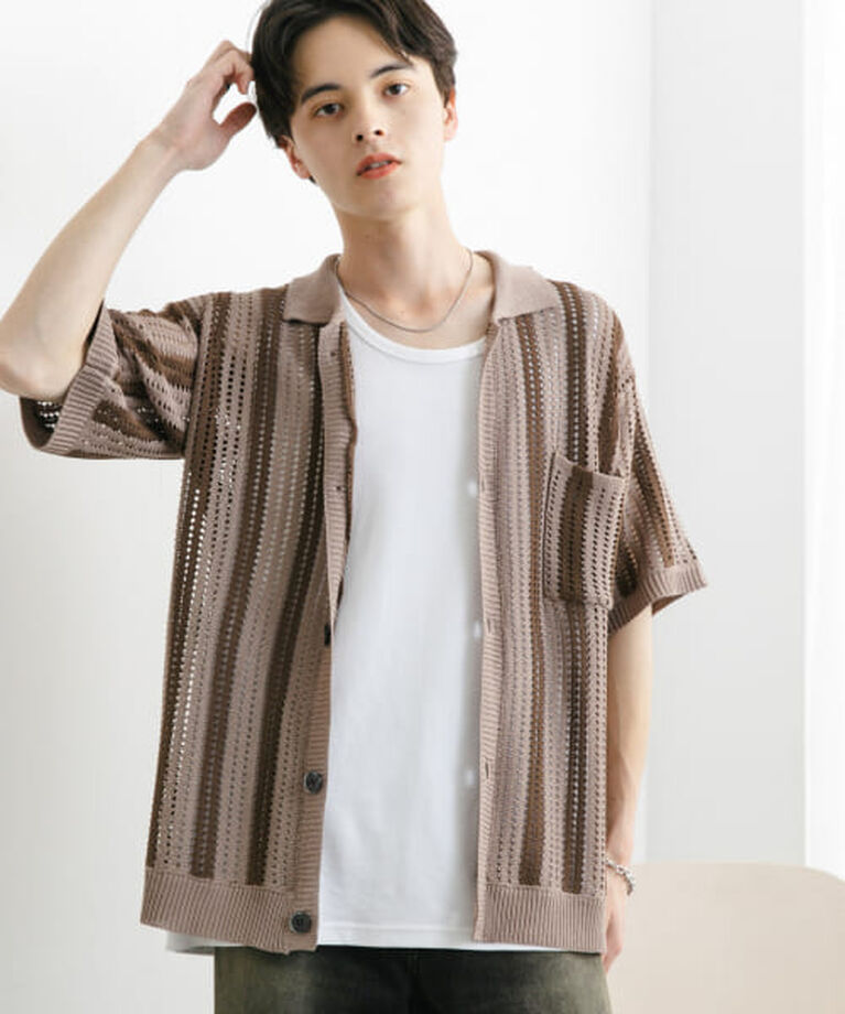 SENSE OF PLACE by URBAN RESEARCH「SENSE OF PLACE ストライプショートスリーブニットシャツ」|ニット・セーター|GREIGE