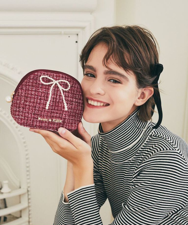 Maison de FLEUR「ピンクツイードパールリボンラウンドポーチ」|ポーチ|