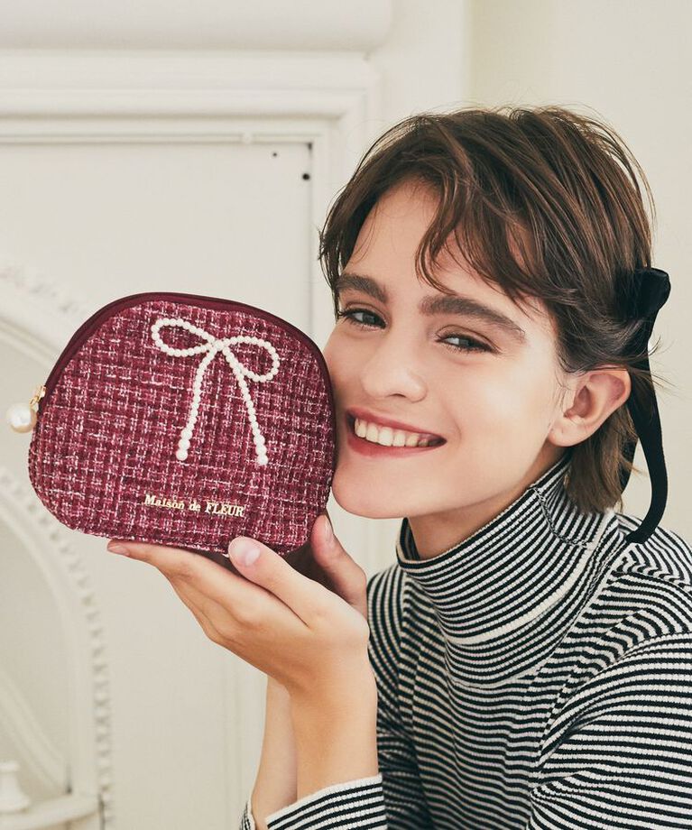 Maison de FLEUR「ピンクツイードパールリボンラウンドポーチ」|ポーチ|ボルドー