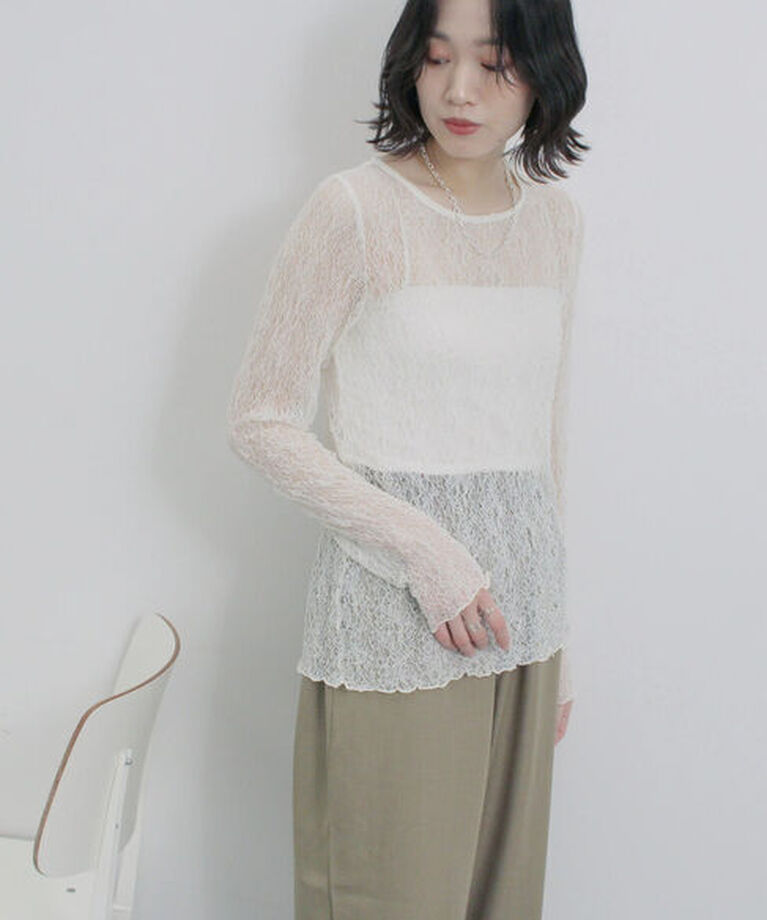 Samansa Mos2 blue「シアーレースロンT」|Tシャツ・カットソー|