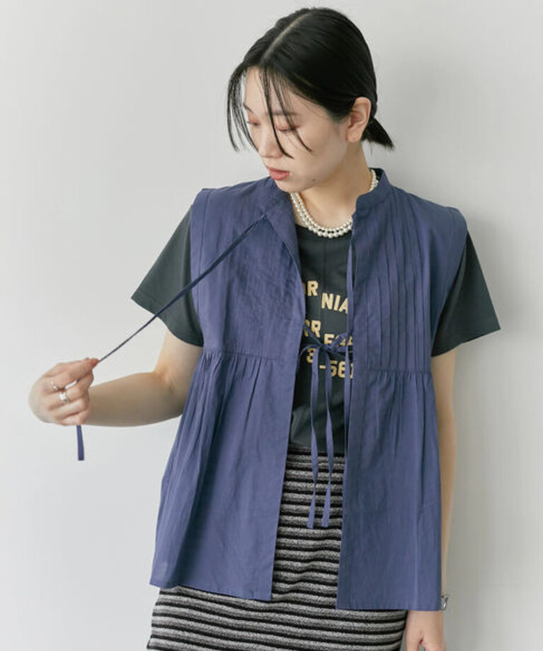 Samansa Mos2 blue「【Made in India】リボンベスト」|シャツ・ブラウス|ネイビー