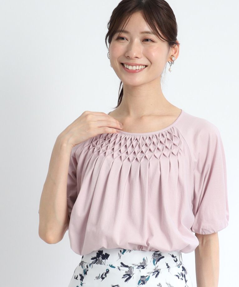 Reflect「【SALE／接触冷感／洗える】スモッキング刺繍ジャージブラウス」|Tシャツ・カットソー|