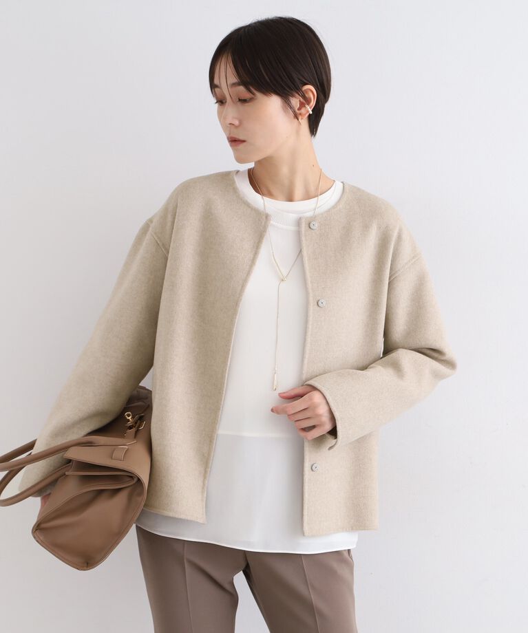 INDIVI「【ウール混／昨年ヒット！】リバーショートコート」|ノーカラーコート|ｸﾞﾚｰｼﾞｭ(950)
