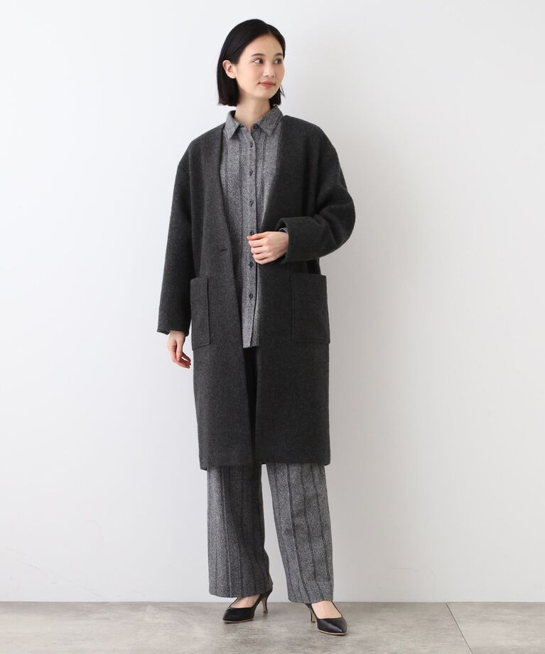 INDIVI「【日本製／カシミヤ混】ガウン風ロングコート」|ノーカラーコート|