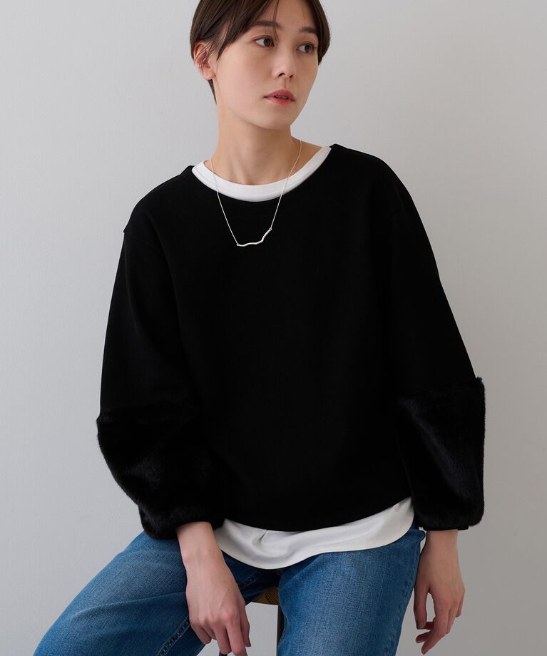 INDIVI「【洗える／UVケア／SETUP可能】メランジ調フェイクファー切り替えトップス」|Tシャツ・カットソー|ﾌﾞﾗｯｸ(019)
