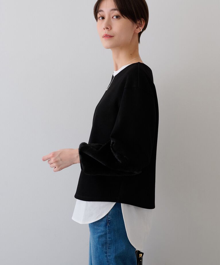 INDIVI「【洗える／UVケア／SETUP可能】メランジ調フェイクファー切り替えトップス」|Tシャツ・カットソー|