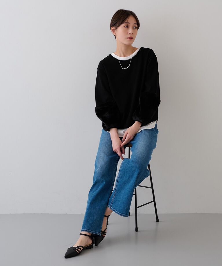 INDIVI「【洗える／UVケア／SETUP可能】メランジ調フェイクファー切り替えトップス」|Tシャツ・カットソー|