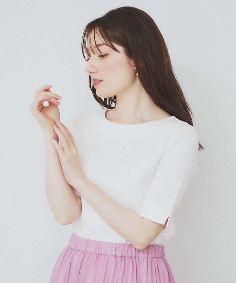 index「《7color/XS-LLsize》ボートネックリブトップス【UV/洗濯機洗い可】」|Tシャツ・カットソー|オフホワイト(003