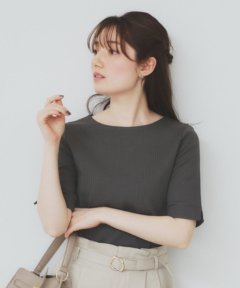 index「《7color/XS-LLsize》ボートネックリブトップス【UV/洗濯機洗い可】」|Tシャツ・カットソー|チャコールグレー(0