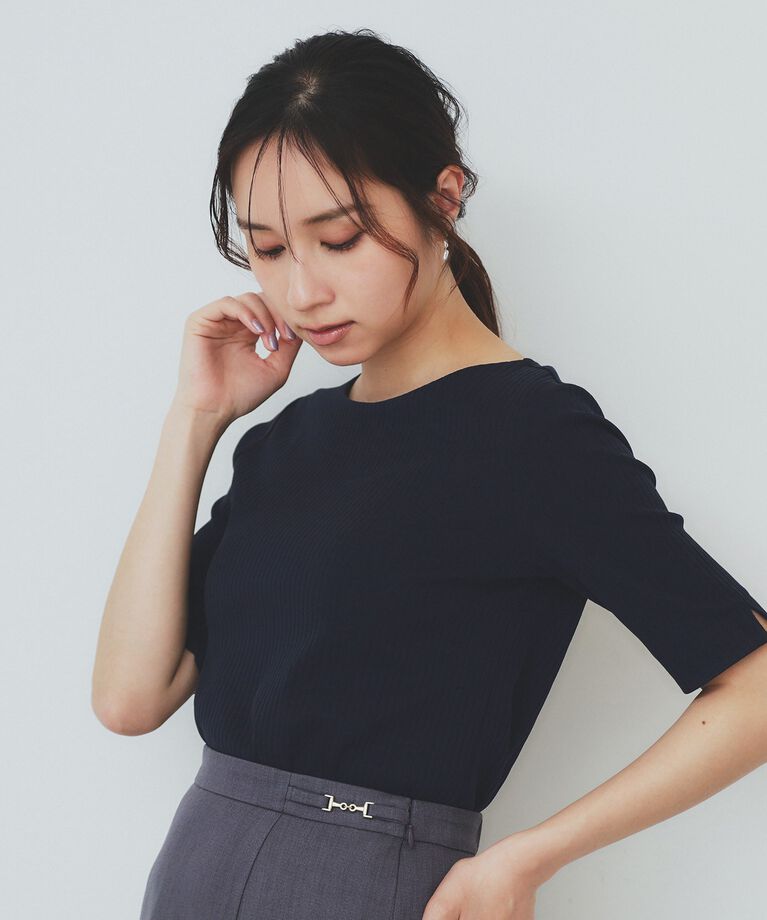 index「《7color/XS-LLsize》ボートネックリブトップス【UV/洗濯機洗い可】」|Tシャツ・カットソー|ネイビー(094)