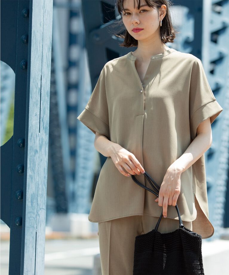 OPAQUE.CLIP「《SS-LLsize≫パール調ボタンスキッパーブラウス/セットアップ対応【防シワ/ストレッチ/抗ピル」|シャツ・ブラウス|