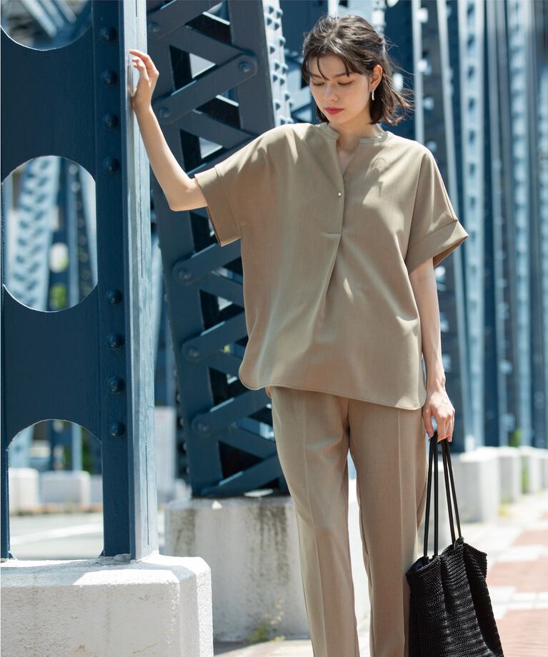 OPAQUE.CLIP「《SS-LLsize≫パール調ボタンスキッパーブラウス/セットアップ対応【防シワ/ストレッチ/抗ピル」|シャツ・ブラウス|