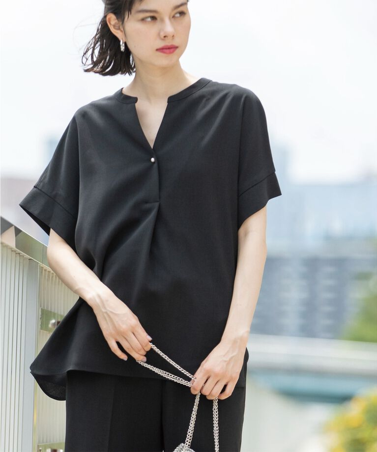 OPAQUE.CLIP「《SS-LLsize≫パール調ボタンスキッパーブラウス/セットアップ対応【防シワ/ストレッチ/抗ピル」|シャツ・ブラウス|
