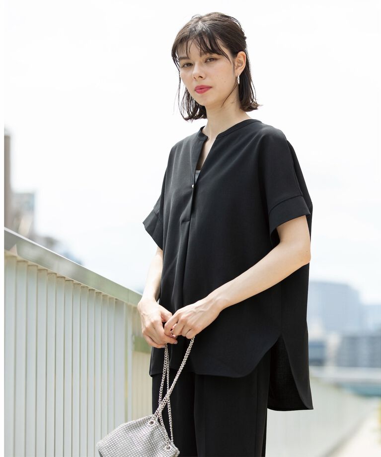 OPAQUE.CLIP「《SS-LLsize≫パール調ボタンスキッパーブラウス/セットアップ対応【防シワ/ストレッチ/抗ピル」|シャツ・ブラウス|
