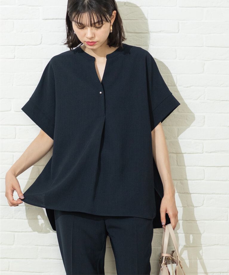 OPAQUE.CLIP「《SS-LLsize≫パール調ボタンスキッパーブラウス/セットアップ対応【防シワ/ストレッチ/抗ピル」|シャツ・ブラウス|ネイビー(094)