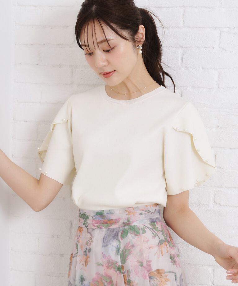 Couture broach「【一枚でキマる・華やか】パール調付チューリップ袖ニット」|ニット・セーター|