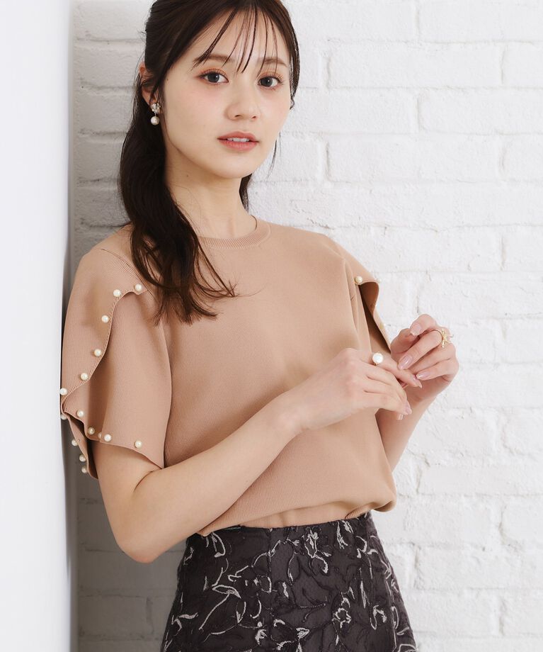 Couture broach「【一枚でキマる・華やか】パール調付チューリップ袖ニット」|ニット・セーター|
