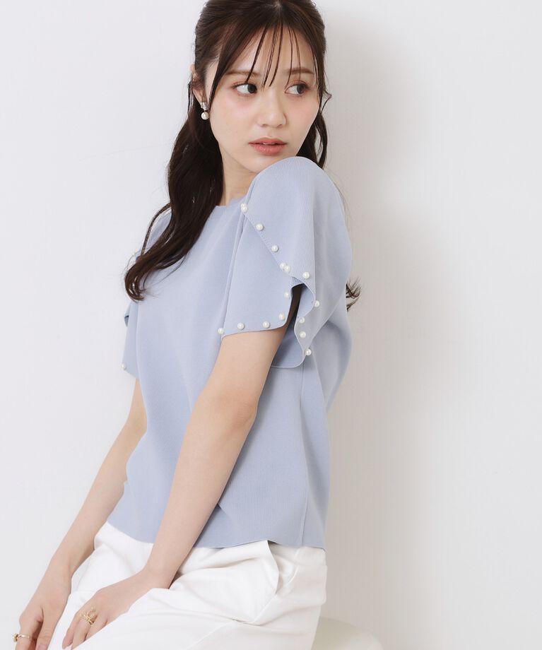 Couture broach「【一枚でキマる・華やか】パール調付チューリップ袖ニット」|ニット・セーター|