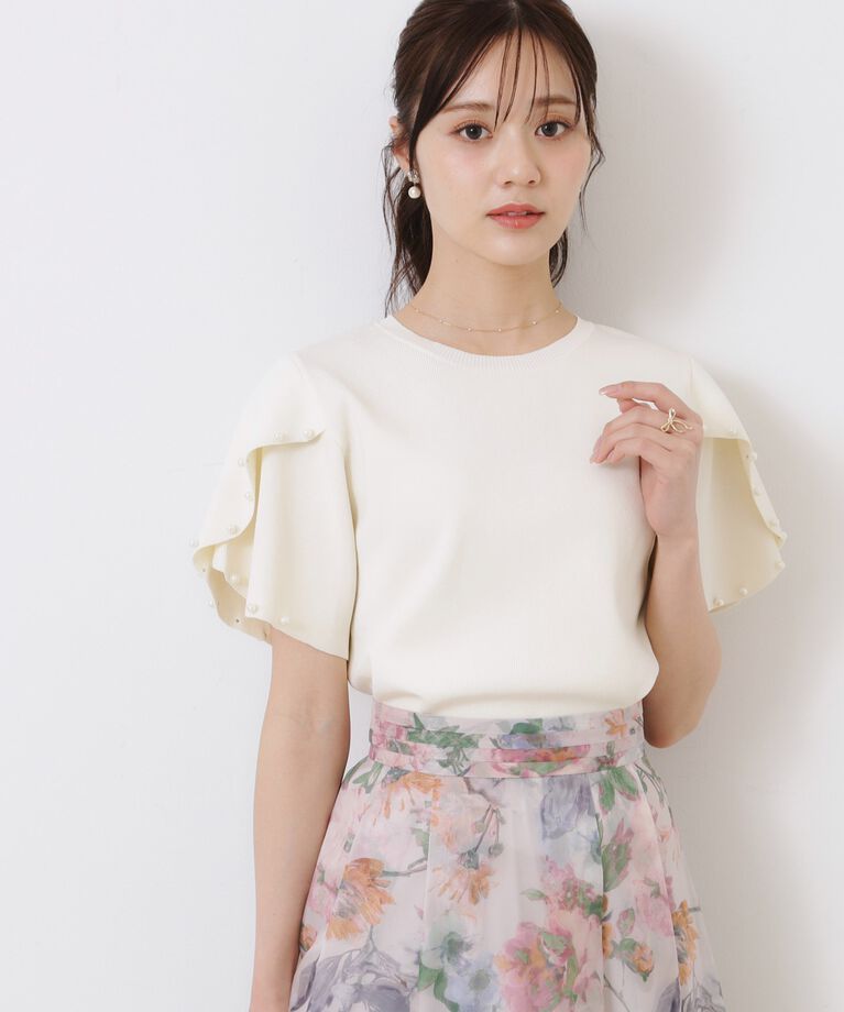 Couture broach「【一枚でキマる・華やか】パール調付チューリップ袖ニット」|ニット・セーター|