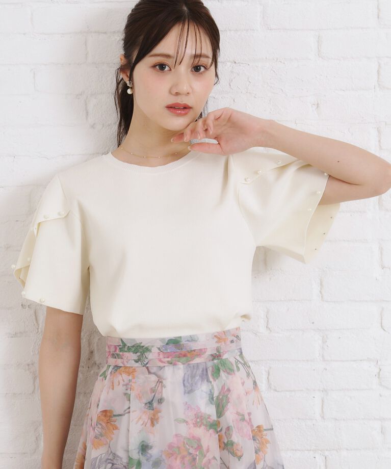 Couture broach「【一枚でキマる・華やか】パール調付チューリップ袖ニット」|ニット・セーター|