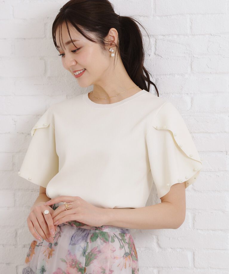 Couture broach「【一枚でキマる・華やか】パール調付チューリップ袖ニット」|ニット・セーター|
