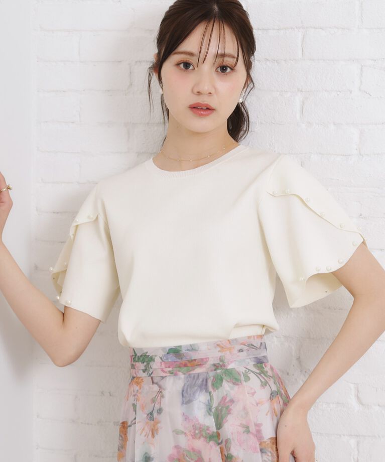 Couture broach「【一枚でキマる・華やか】パール調付チューリップ袖ニット」|ニット・セーター|