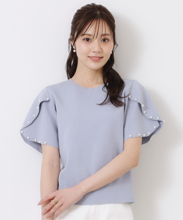 Couture broach「【一枚でキマる・華やか】パール調付チューリップ袖ニット」|ニット・セーター|サックスブルー(09